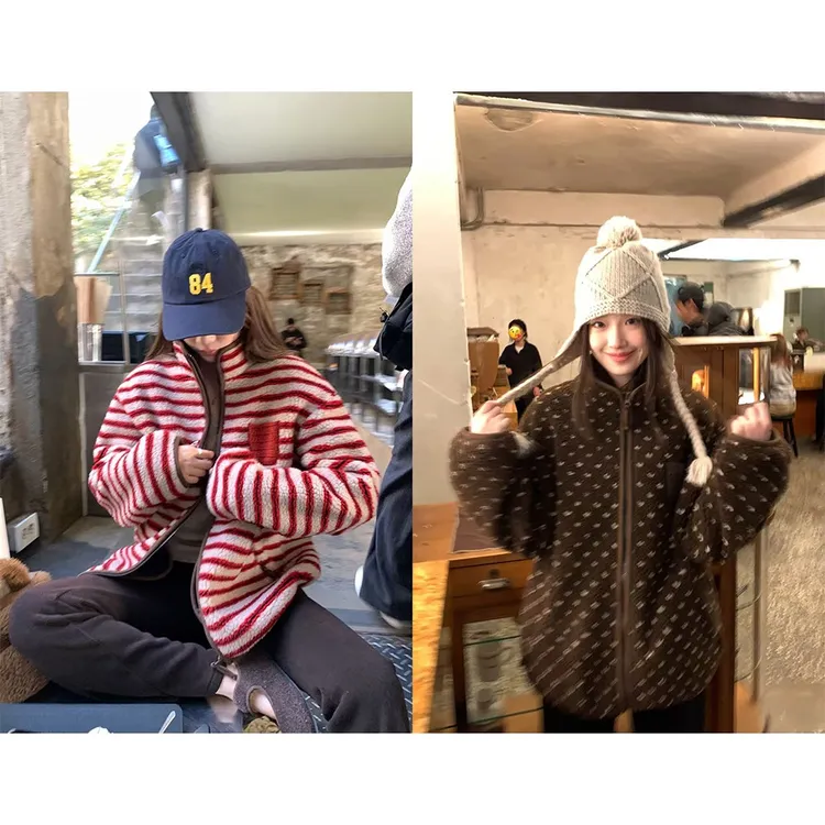 【莓莓榛果派】针织复古红条纹拼接小口袋宽松加厚羊羔毛外套