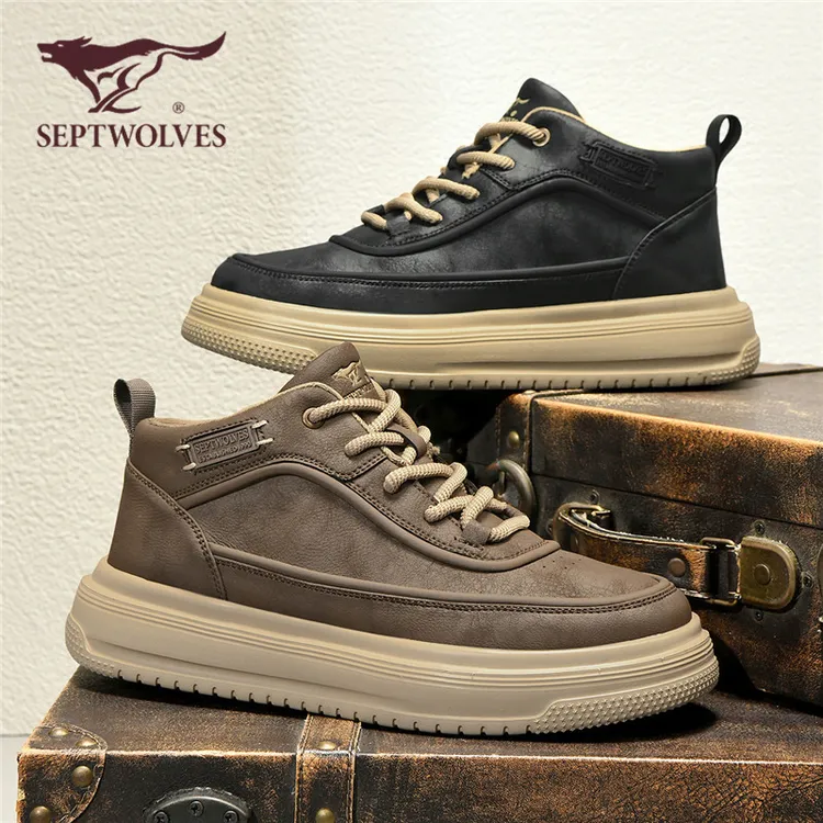 七匹狼秋冬复古潮鞋干净感痞帅工装男鞋男生厚底中帮加绒休闲板鞋