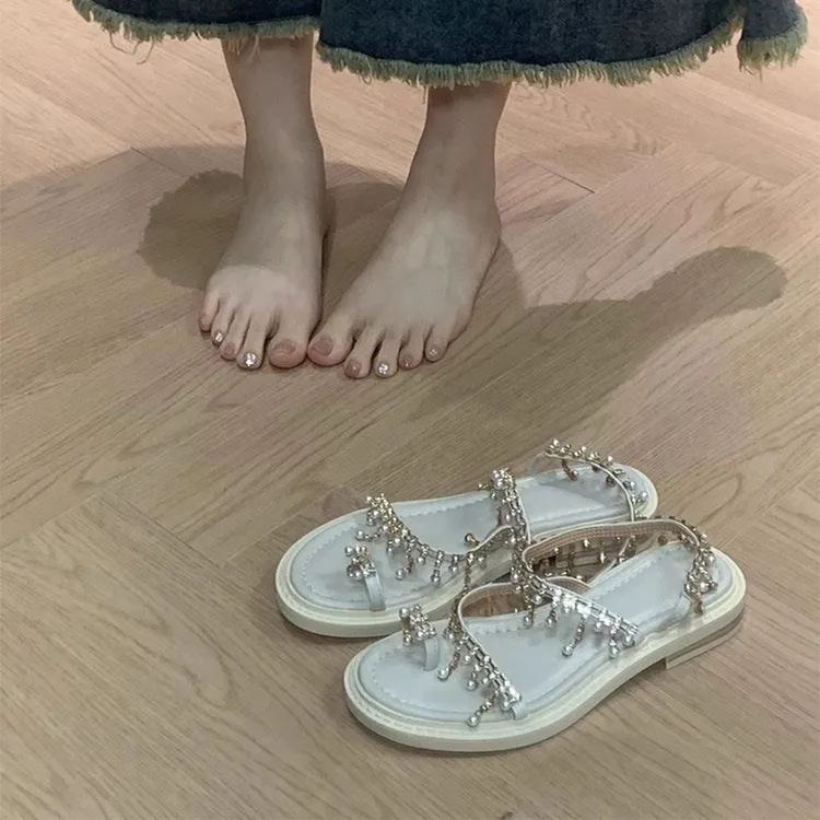 法式波西米亚风鞋子套趾夹趾凉鞋2025新款夏季平底沙滩鞋水钻珍珠
