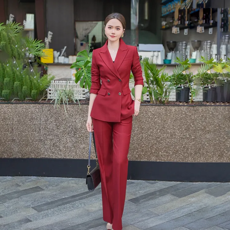 红色西装外套女2025新款春秋阔腿裤高端小个子职业套装高级感正装