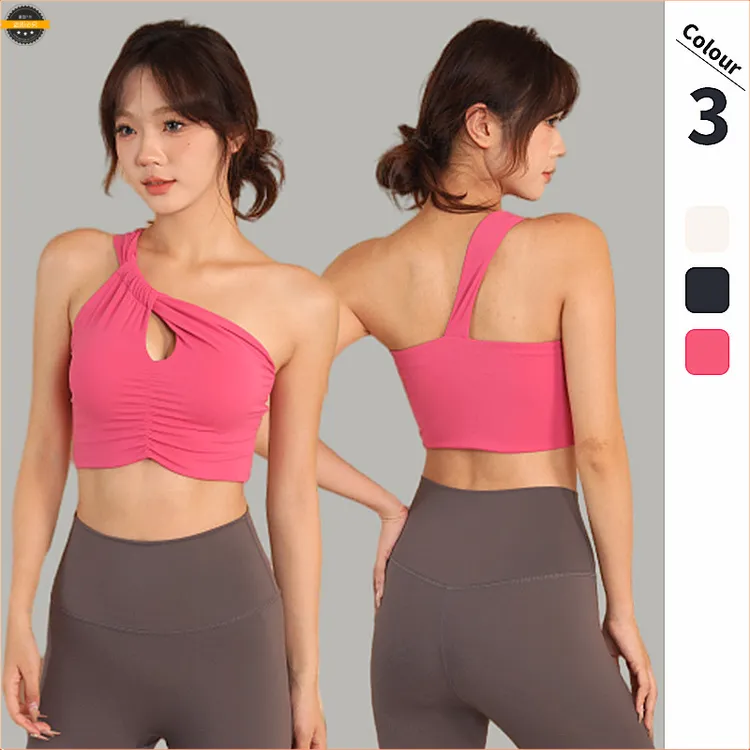 单边斜肩健身服瑜伽运动内衣文胸女背心跑步舞蹈美背镂空设计上衣