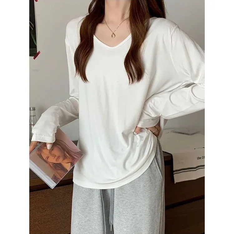 秋冬慵懒上衣纯棉2025新款韩版宽松显瘦长袖T恤通勤白色打底