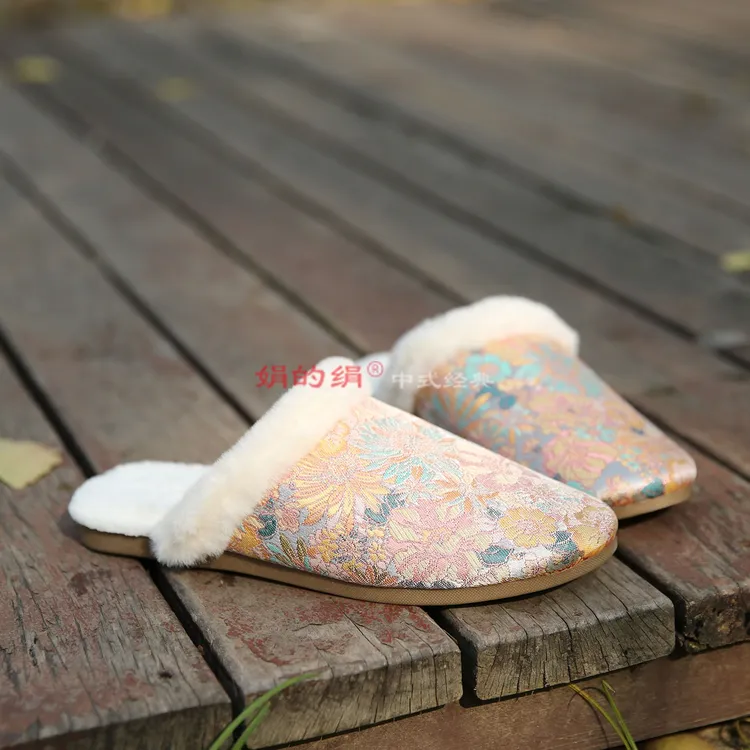 千寻慵懒风加绒棉拖鞋冬季女士居家静音包头拖国风防滑毛绒妈妈鞋