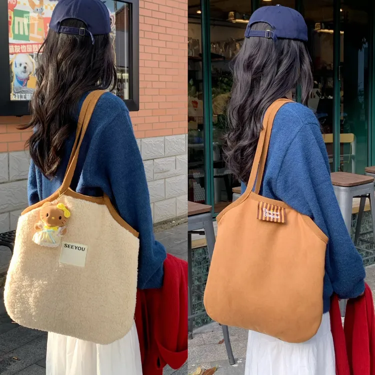 ZY秋冬季羊羔毛拼麂皮绒包女大容量休闲褶皱单肩腋下包通勤托特包