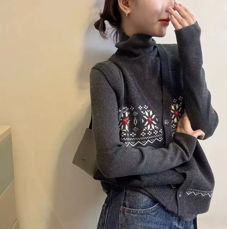 【复古两件套】费尔岛印花马甲开衫堆堆领长袖针织衫打底衫冬季新款