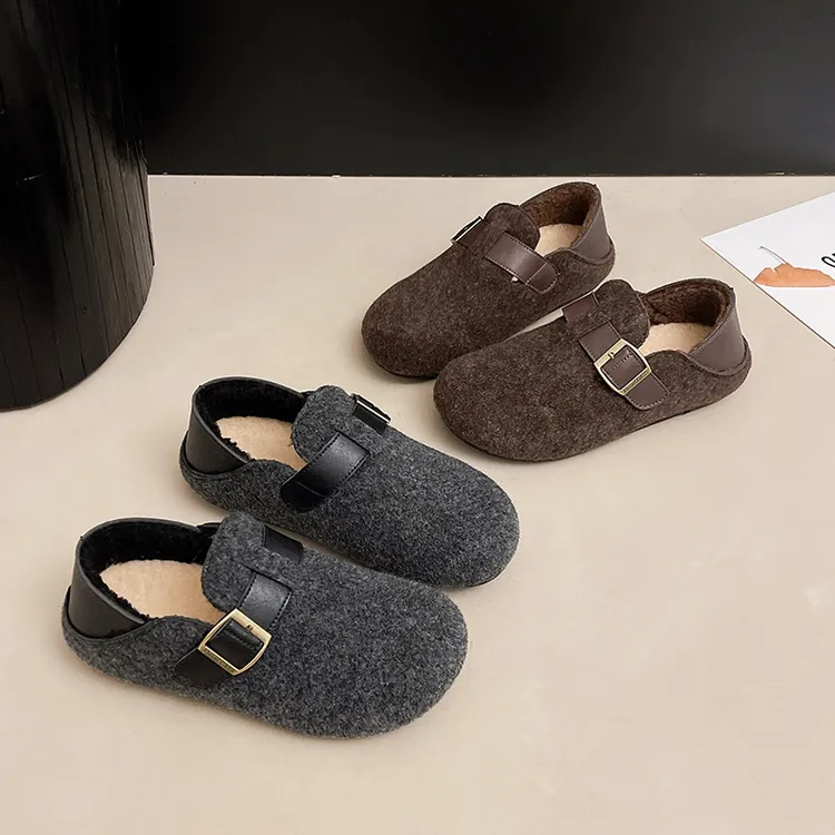 复古内增高两穿加绒加厚全包勃肯鞋女2025秋冬爆款毛毛鞋乐福鞋