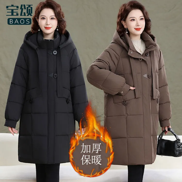 200斤胖妈妈冬装加绒外套女派克服新款加肥加大码中年棉衣中长款