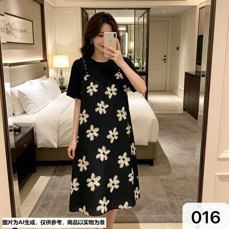 【Annie 016】春夏款花瓣印花假两件休闲弹性宽松大码显瘦长裙