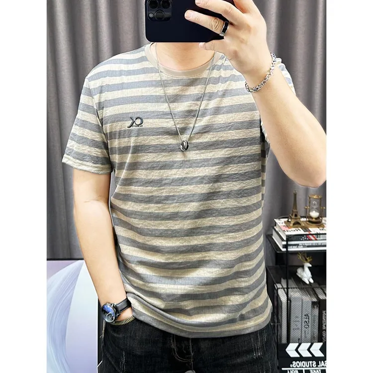 棉麻短袖t恤男2025夏季新款条纹圆领上衣修身薄款透气男士体恤潮