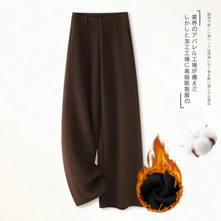 高端羊毛呢加绒加厚阔腿裤女2025秋冬新款高腰显瘦保暖直筒休闲裤