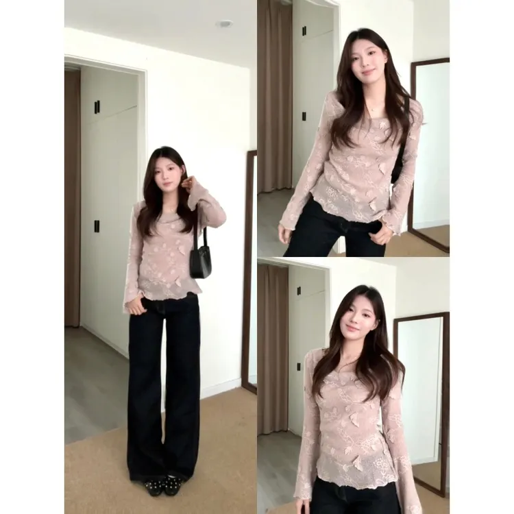 MARIE.COCO秋季新款法式紫色立体花朵荡领喇叭袖针织衫修身休闲裤