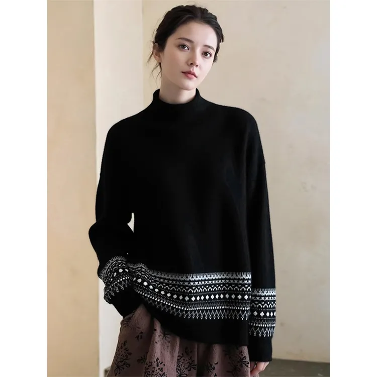 高级感费尔岛风半高领长袖针织衫女秋冬新款时髦宽松保暖软糯毛衣