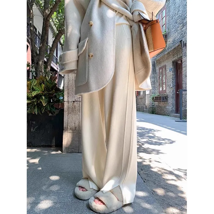 加大码300斤高级感白色针织开叉阔腿裤胖MM高腰显瘦垂感百搭裤子