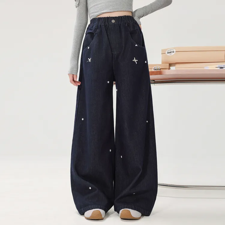 25753女大童秋季牛仔裤2025新款绣花阔腿百搭8-18岁女童复古宽松