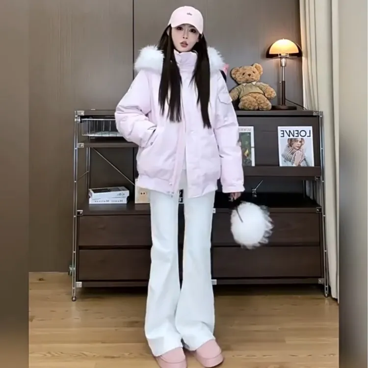 棉服女冬季新款情侣保暖派克服宽松带毛领连帽显瘦棉衣外套