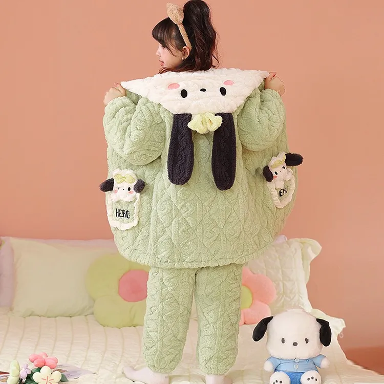 新款女童法兰绒睡衣儿童冬季珊瑚绒三层夹棉加绒加厚款女孩家居服