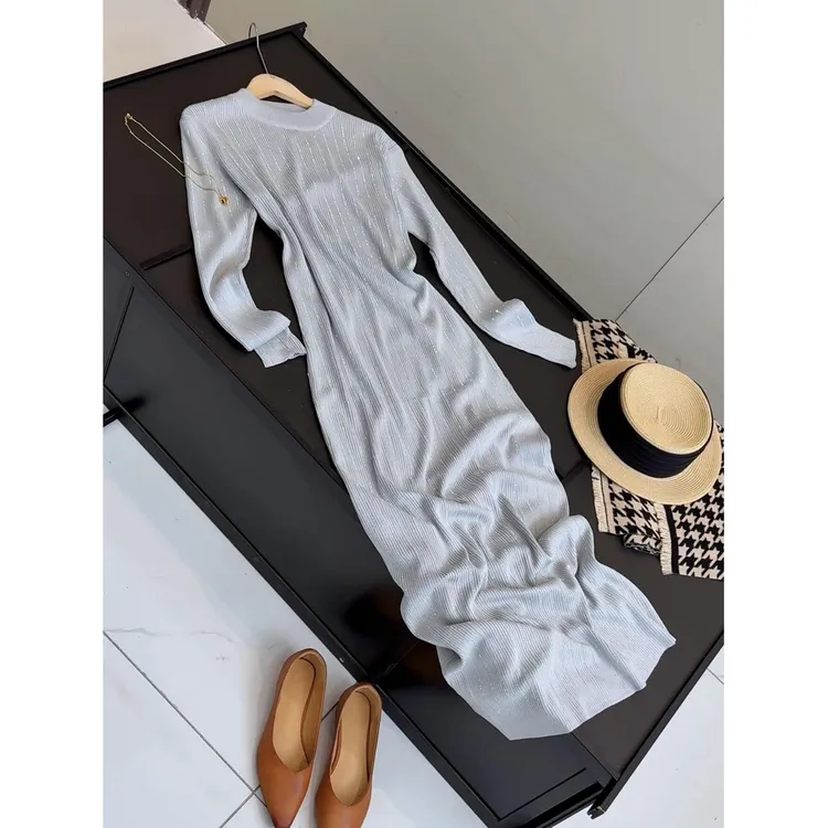 重工! 烫钻韩系长袖长款针织连衣裙女气质修身显瘦A字长裙