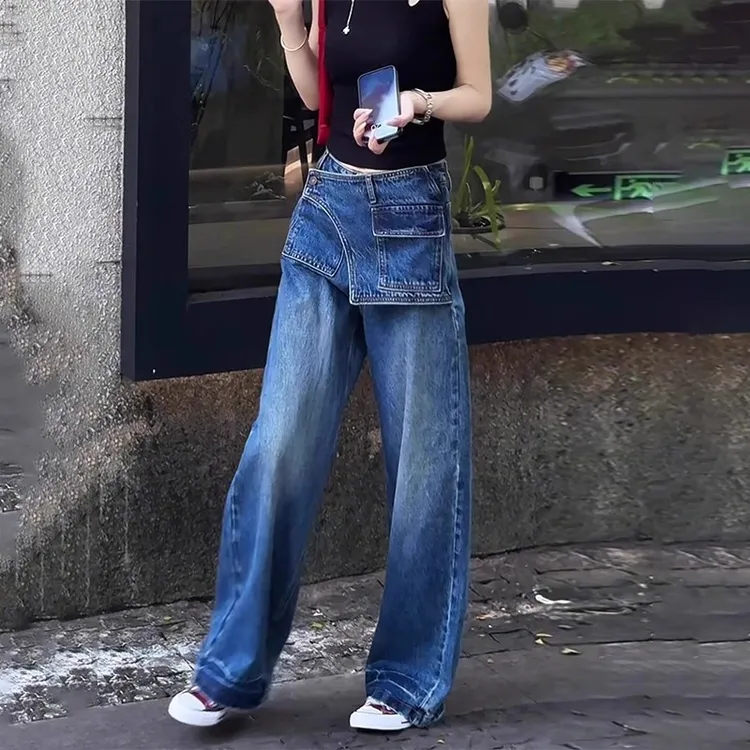 欧货不规则设计阔腿牛仔裤女2025秋季新款大码胖mm宽松直筒拖地裤