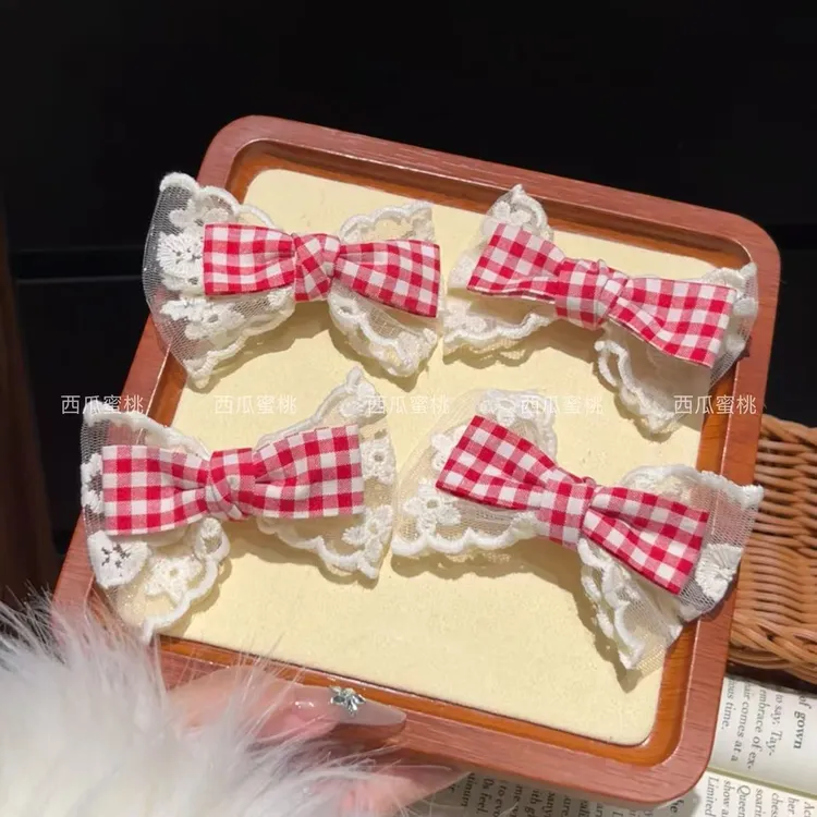 甜美红色格纹蝴蝶结蕾丝发夹头饰发饰少女可爱鸭嘴刘海发卡新款