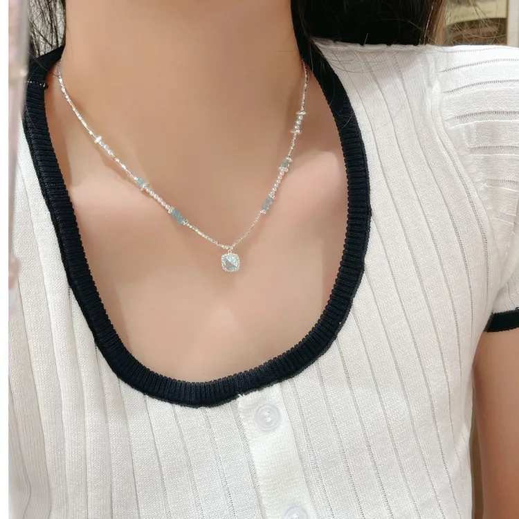 铜仿水晶项链 海宝蓝串珠仿珍珠碎银子项链小众设计百搭显白颈链