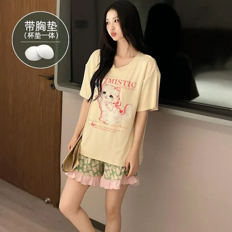 GPSUNLU胖mm睡衣女带胸垫夏季莫代尔冰丝短袖短裤加大码家居服