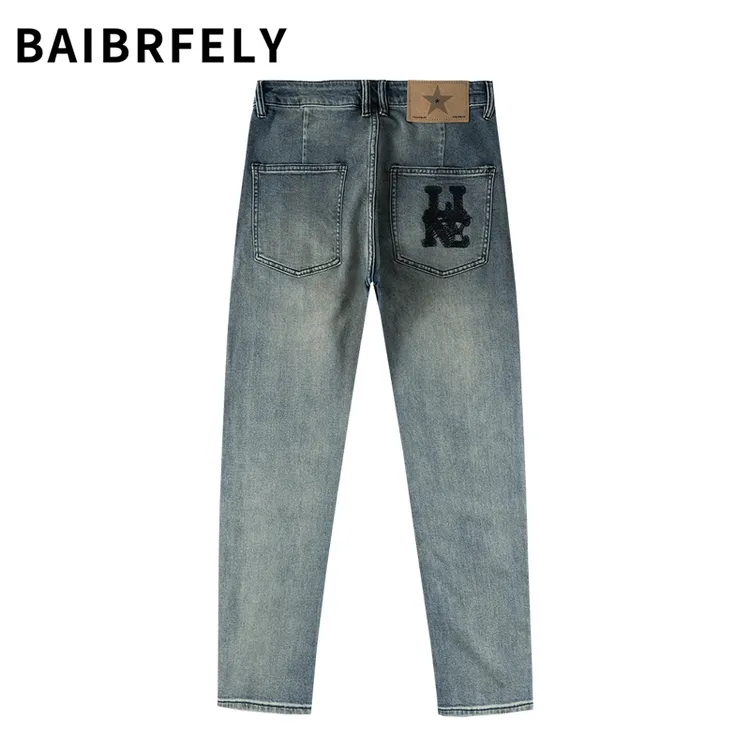 BAIBRFELY美式轻奢字母刺绣修身直筒弹力蓝色男士休闲长裤牛仔裤