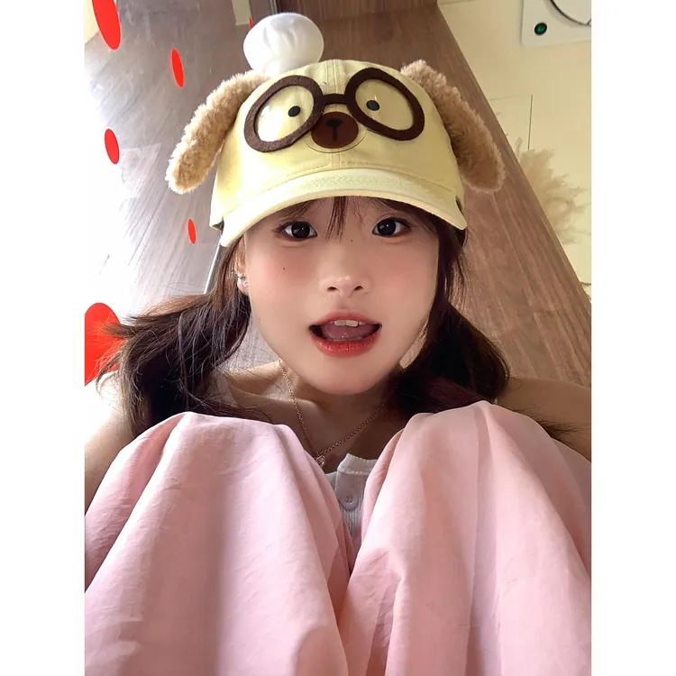 可爱卡通小狗眼镜耳朵棒球帽女甜美可爱百搭大头围显脸小鸭舌帽子