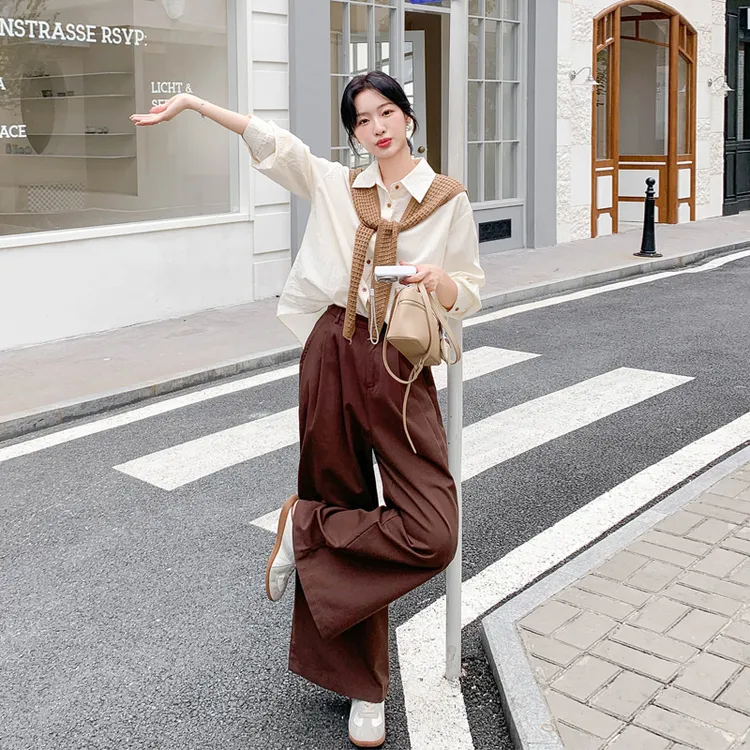 韩系休闲松弛感衬衫阔腿裤2025春秋新款小众ins风极简穿搭套装潮