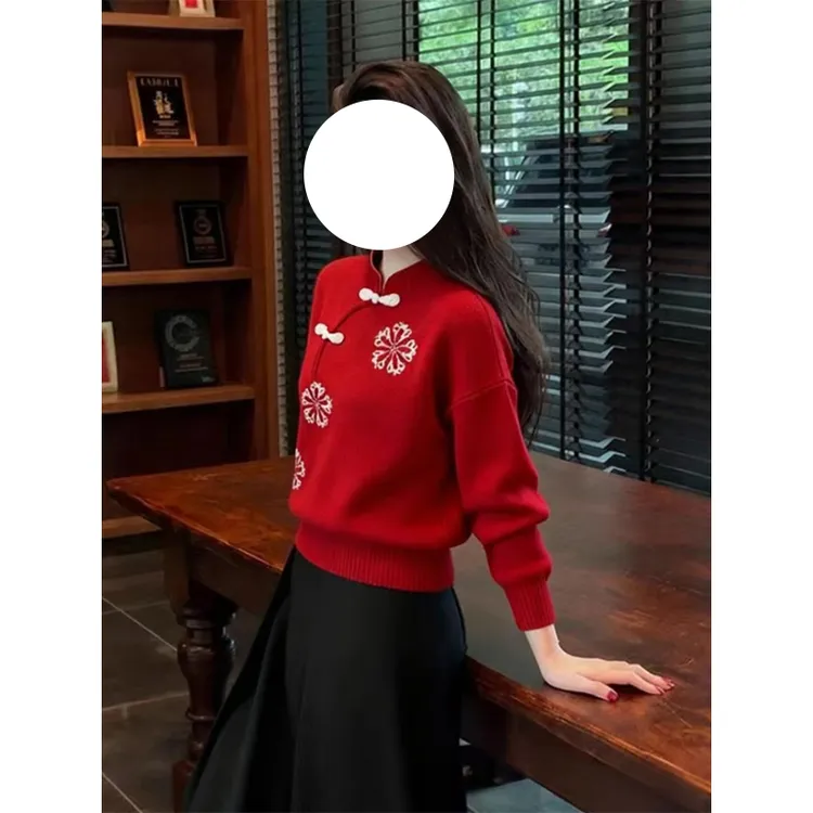 跨年圣诞氛围感新中式针织毛衣秋冬季大码胖MM修身显瘦短款上衣潮