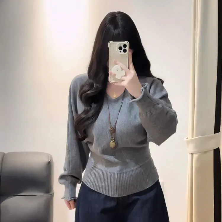 9176大码胖mm慵懒风V领蝙蝠袖针织衫女秋冬时尚绑带收腰显瘦毛衣