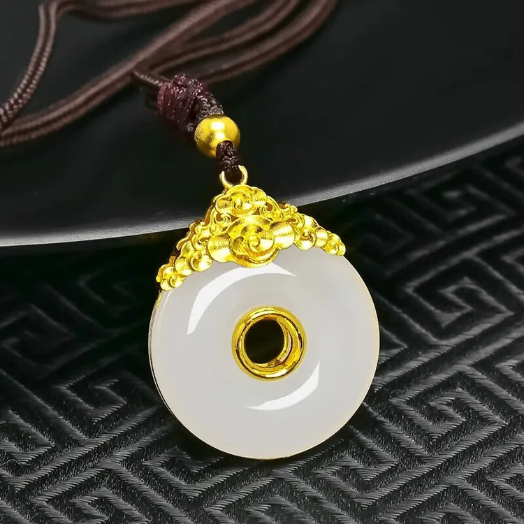 999足金和田玉男女款金镶玉挂件古法黄金平安扣吊坠本命年送礼物