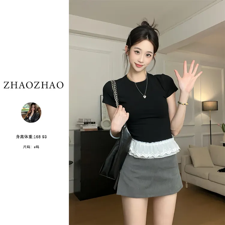 【ZHAOZHAO】设计感圆领小纯欲蕾丝拼接下摆修身恤女别致显瘦上衣