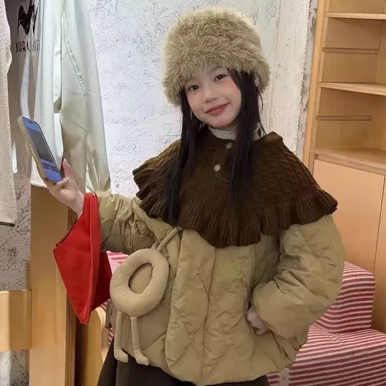 韩版2025冬女童加厚棉服外套儿童针织披肩两件套衣可爱棉服