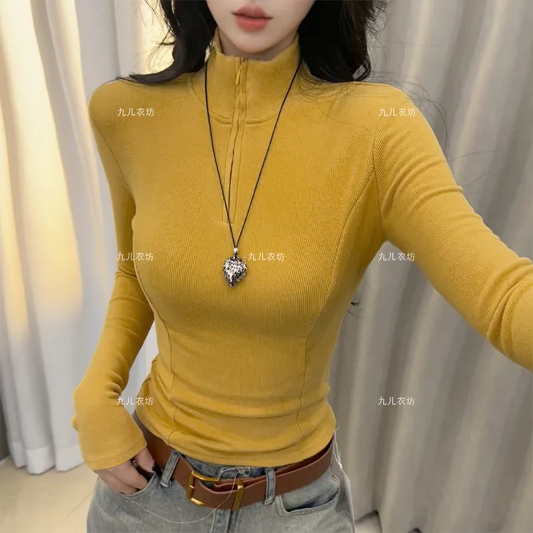 2025新款秋冬半拉链T恤外穿女磨毛加绒收腰显瘦正肩打底上衣1116