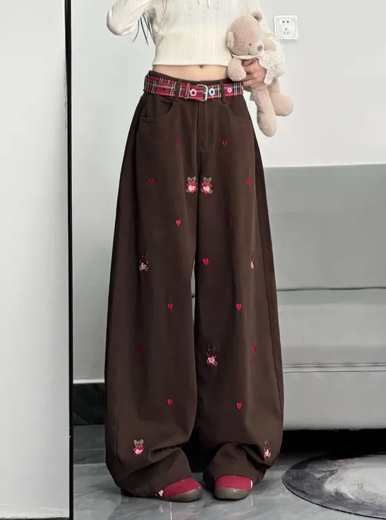 美式复古高街刺绣爱心熊阔腿裤2025秋冬直筒休闲百搭宽松直筒裤