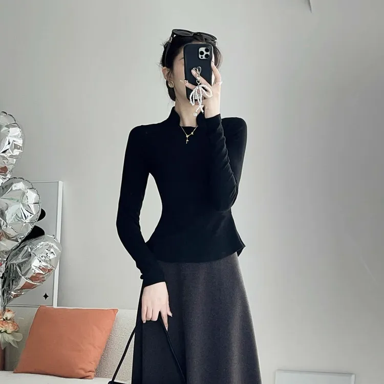 纯色设计感百搭保暖上衣秋冬新款时尚气质收腰显瘦小众长袖打底衫