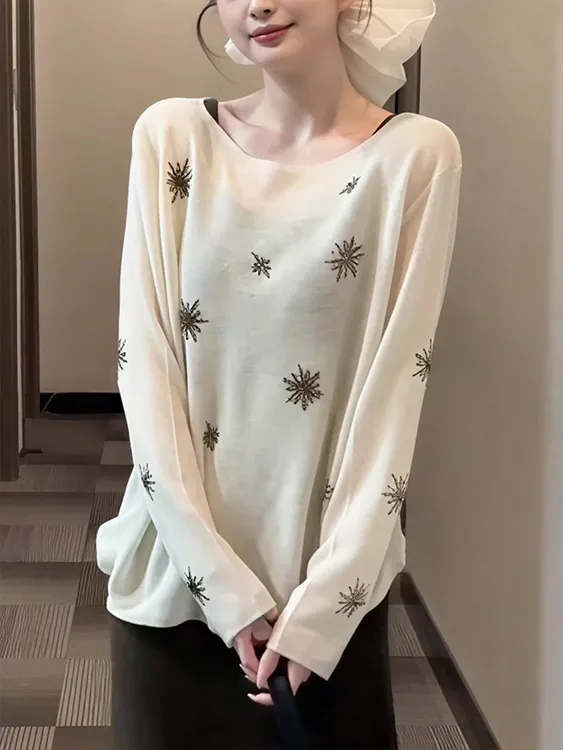 米白色碎花薄款长袖针织罩衫女2025早秋季韩系高级慵懒松弛感上衣