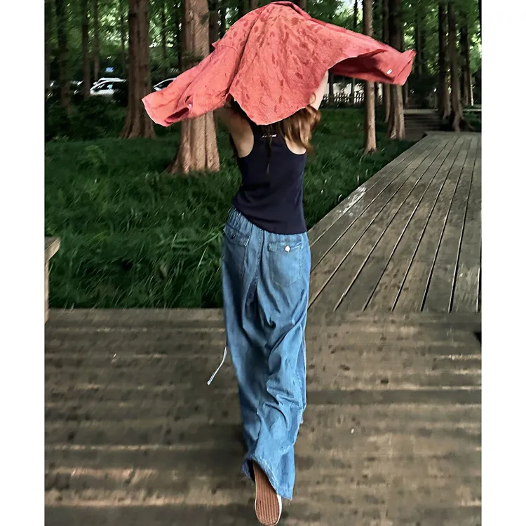 “氢气牛仔” 定制小众设计感水洗松紧显瘦直筒牛仔裤2025夏季新款