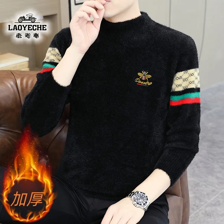 老爷车新款水貂绒半高领毛衣男秋冬季加厚休闲时尚刺绣打底针织衫