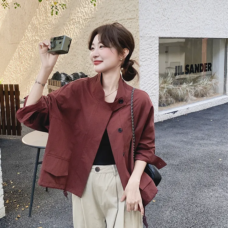 酒红色高级感复古短款外套女2025秋季新款巨好看小个子上衣夹克