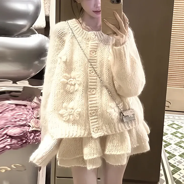 韩系慵懒风通勤简约休闲套装2025冬季显瘦纯色毛衣半身裙两件套