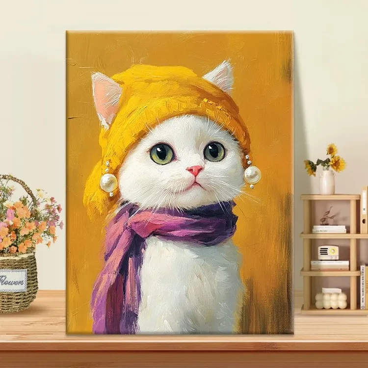 带珍珠的猫咪|数字油画diy真心遮盖六代颜料填色手绘礼物油彩装饰