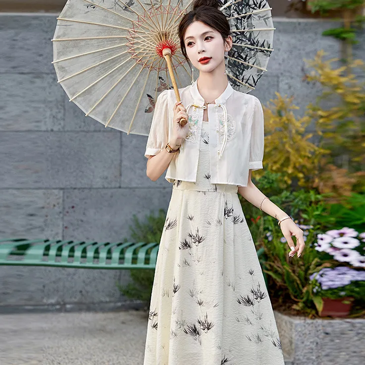 新中式国风纯欲风印花连衣裙套装复古款收腰碎花吊带裙两件套