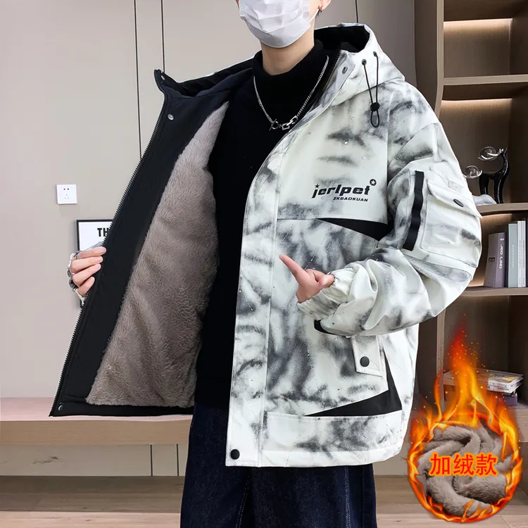 男士外套潮牌加绒加厚冬季休闲宽松连帽夹克男生青少年保暖棉衣服