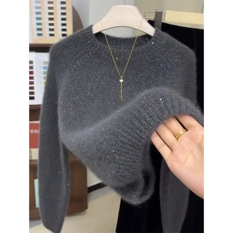 韩版小众圆领套头针织毛衣女秋冬季新款大码胖MM软糯舒适长袖上衣
