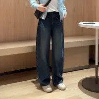 复古蓝阔腿牛仔裤女2025新款秋季深色显瘦宽松弯刀裤百搭直筒裤子