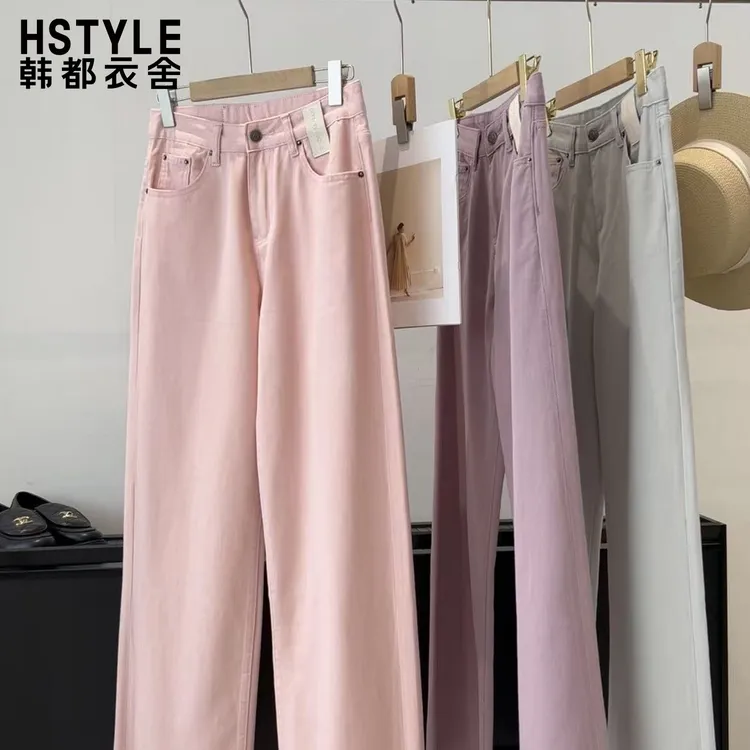 韩都衣舍撞色皮标毛边牛仔裤女宽松设计感休闲百搭显瘦小个子长裤