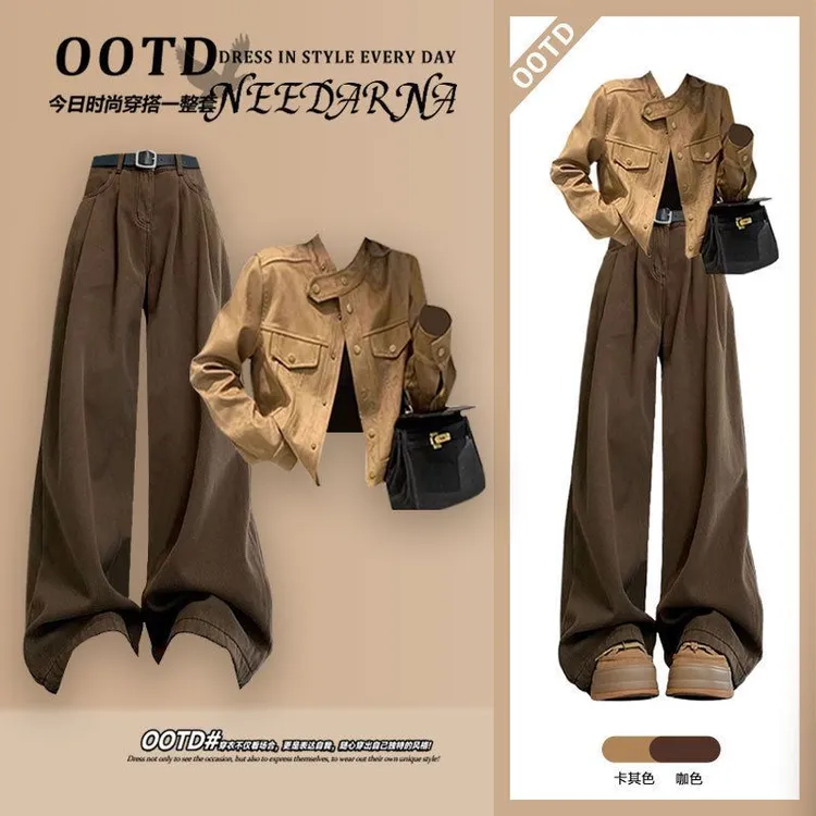 韩系氛围感穿搭秋冬季2024新款潮流气质短款外套高腰阔腿裤两件套