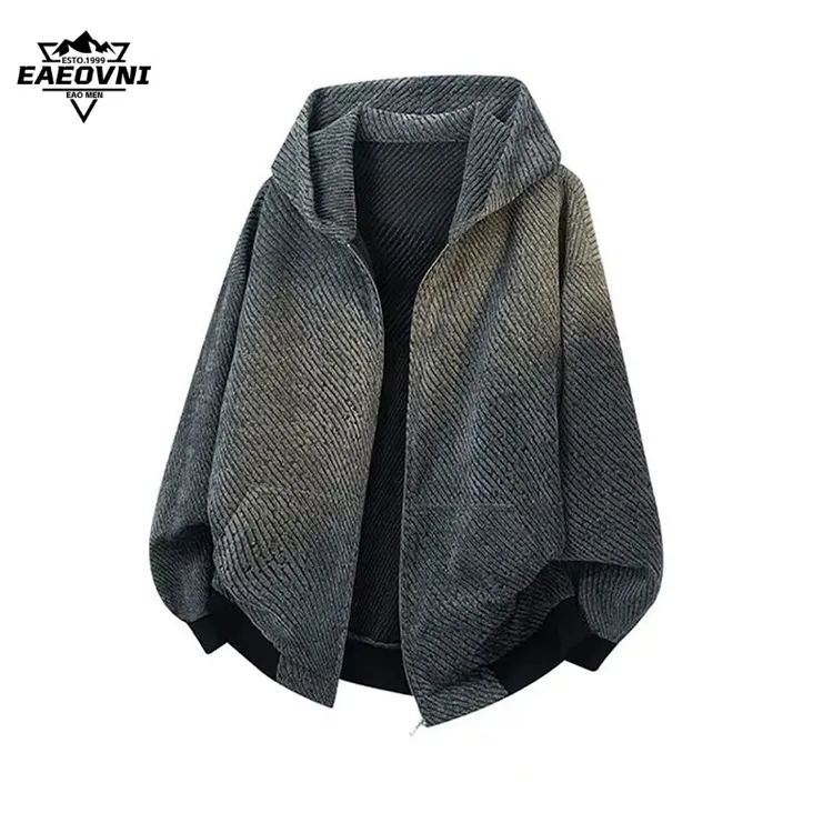 EAEOVNI小香风针织开衫卫衣男连帽重磅春秋条纹美式复古夹克外套