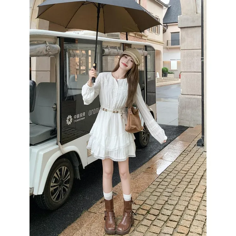 春秋新款小个子甜美显瘦气质白色刺绣衬衫连衣裙收腰度假风仙女裙